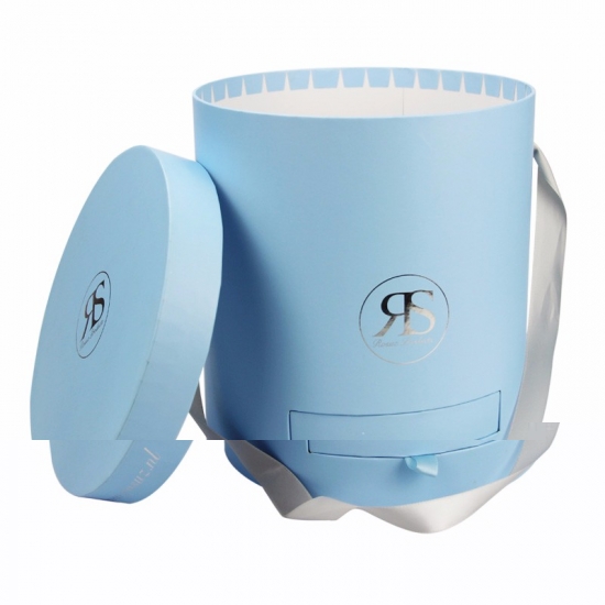 Light blue silver foil stamping round paper boxes with lid